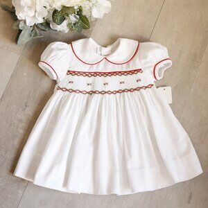 Girl's White Corduroy Smocked Dress Red and Green Embroidery Boutique 6 Months